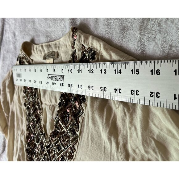 Lucky Brand Womens Beaded Embellished Long Sleeve Top Small Ivory Split Neck - Picture 5 of 10